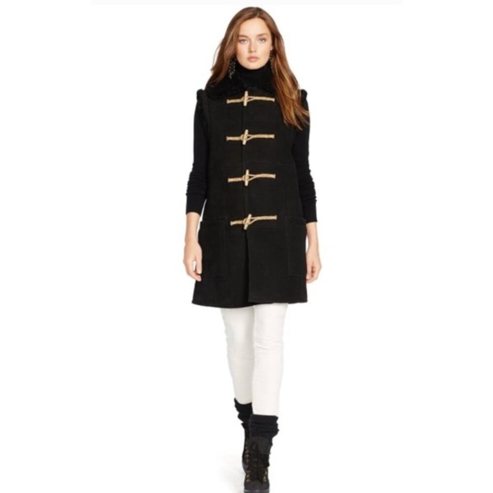 POLO RALPH LAUREN S Small Black Shearling Lamb Fur Suede Toggle Vest Jacket NWT